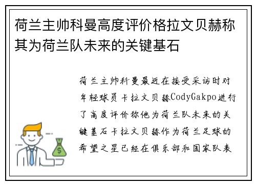 荷兰主帅科曼高度评价格拉文贝赫称其为荷兰队未来的关键基石